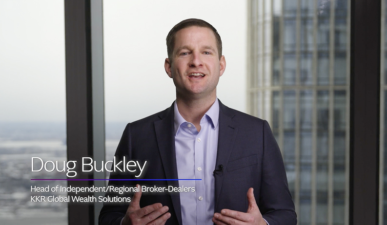 Doug Buckley, Head of Independent/Regional Broker-Dealers, KKR Global Wealth Solutions, stands in front of a window speaking.
