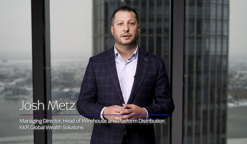 Josh Metz, Head of Wirehouse and Platform Distribution, KKR Global Wealth Solutions, stands in front of a window speaking.